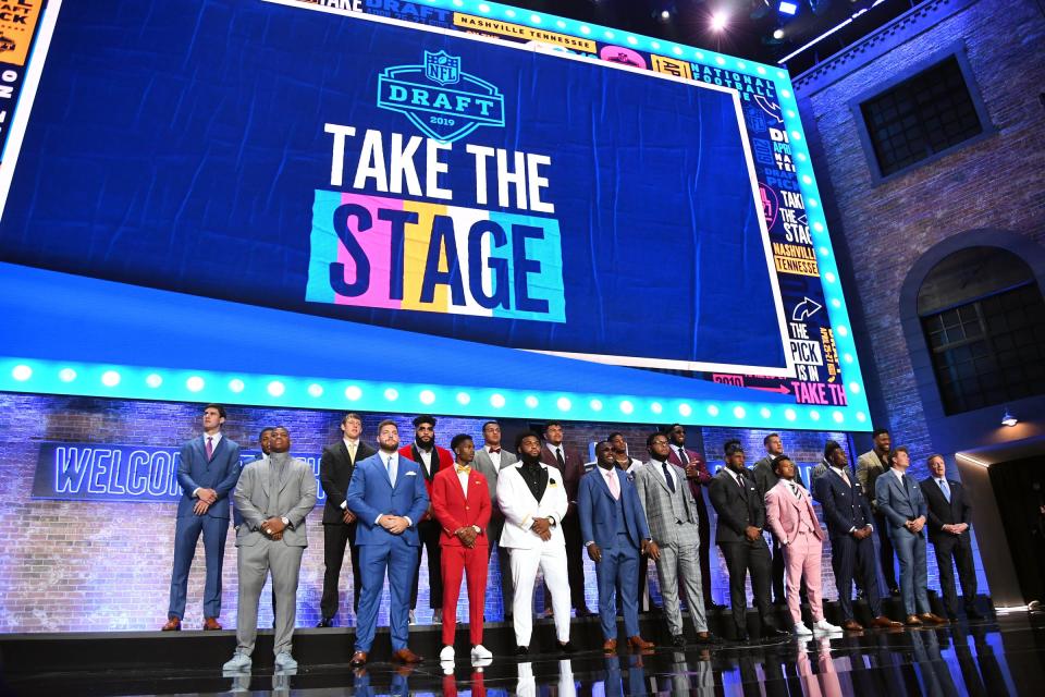 NFL prospects on stage prior to the first round of the NFL draft in downtown Nashville, April 25, 2019.