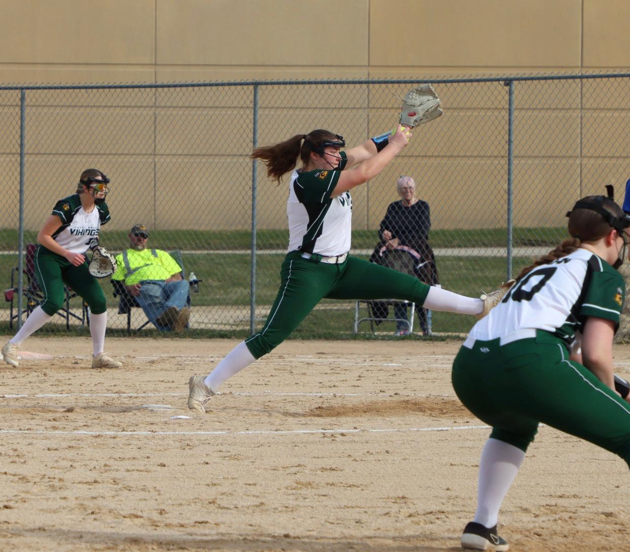 Cami Carter revs back to fire a pitch during a North Boone softball game this season.