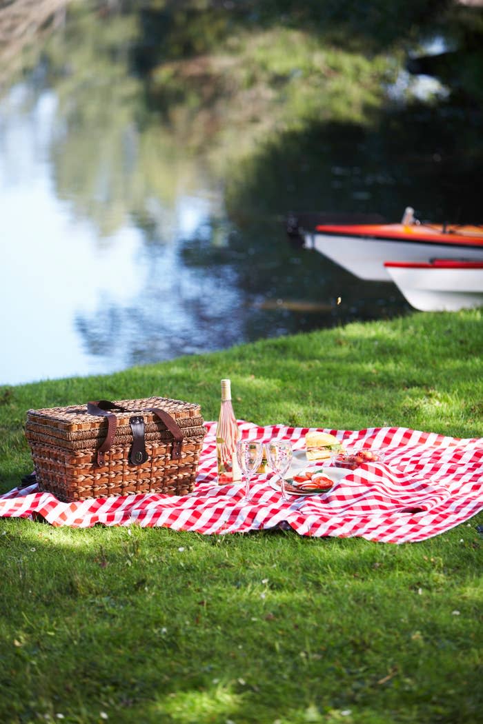 A picnic setup with a wicker basket, wine bottle, and various foods on a red and white checkered blanket near a serene lake with a rowboat in the background