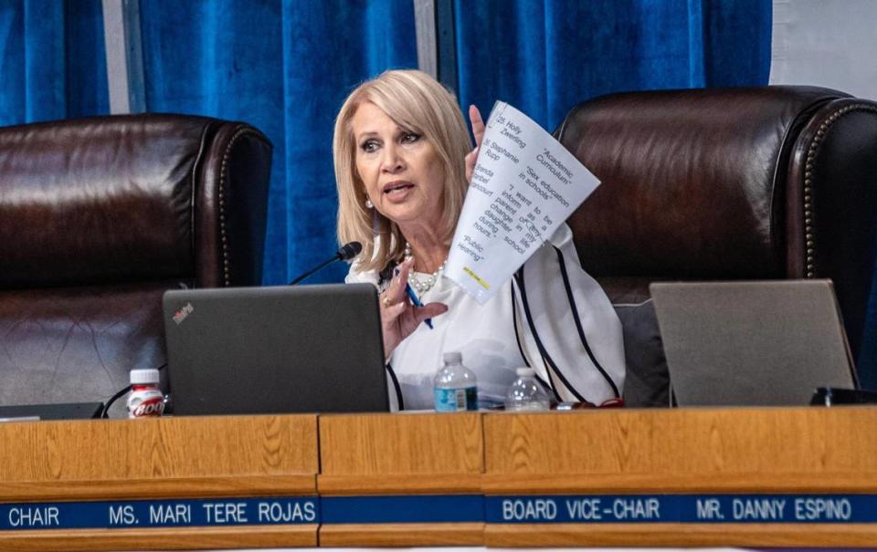 School board chairwoman Mari Tere Rojas speaks during a lengthy meeting at the Miami-Dade County School Board to discuss the recognition of October as Lesbian, Gay, Bisexual, Transgender and Queer History Month in the school district proposed by board member Lucia Baez-Geller, on Wednesday September 06, 2023.