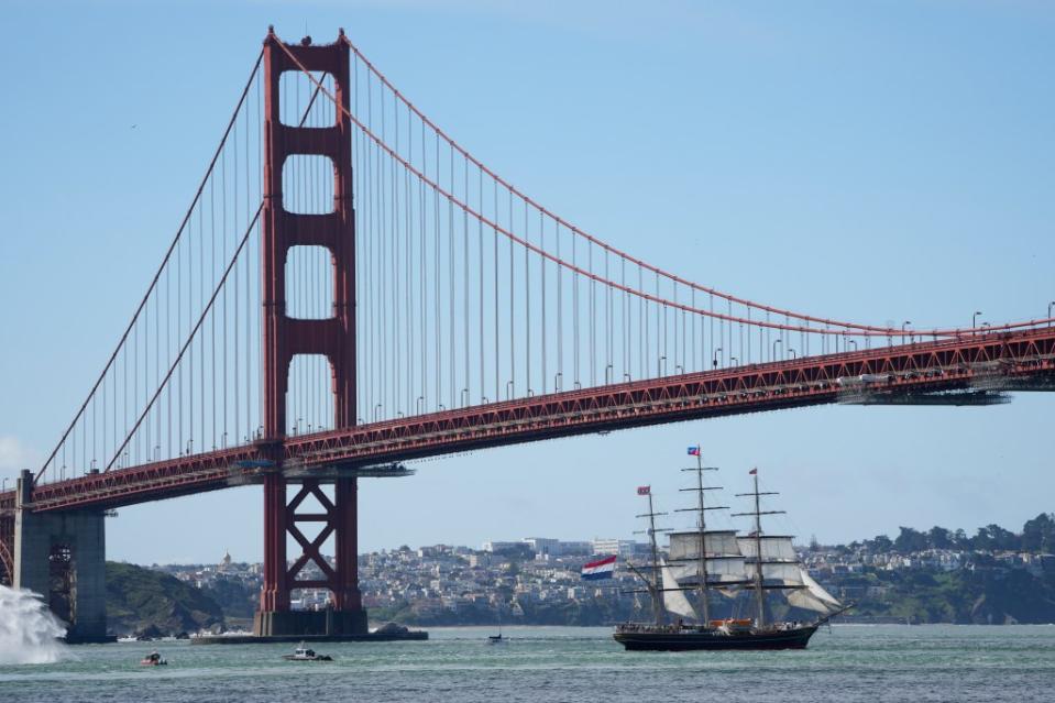 The Dutch tall ship Stad Amsterdam sails under the Golden Gate Bridge. AP