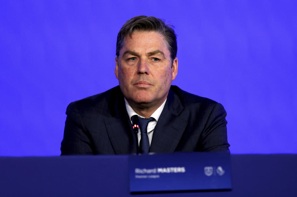 Richard Masters, CEO of the Premier League, attends the 48th European Leagues General Assembly press conference at Nobu Hotel Portman Square, London, Friday April 26, 2024. (Steven Paston/PA via AP)