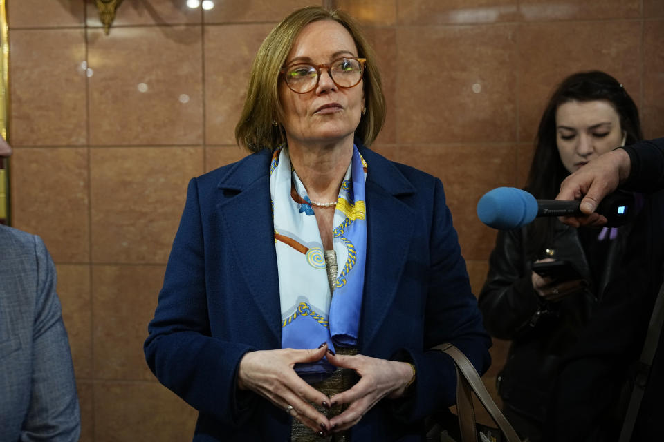 British ambassador to Russia Deborah Bronnert speaks to the media after the sentence of Russian opposition activist Vladimir Kara-Murza at the Moscow City Court in Moscow, Russia, on Monday, April 17, 2023. A top Kremlin foe was convicted Monday on charges of treason and denigrating the Russian military and sentenced him to 25 years in prison after a trial that marked the latest move in a relentless crackdown on the opposition amid the fighting in Ukraine. (AP Photo/Alexander Zemlianichenko)