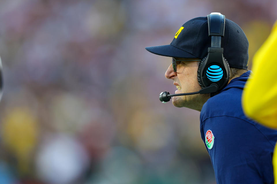 PASADENA, CA - JANUARY 01: Michigan Wolverines head coach Jim Harbaugh during the Alabama Crimson Tide game versus the Michigan Wolverines CFP Semifinal at the Rose Bowl Game on January, 1, 2024, at the Rose Bowl Stadium in Pasadena, CA. (Photo by Jordon Kelly/Icon Sportswire via Getty Images)