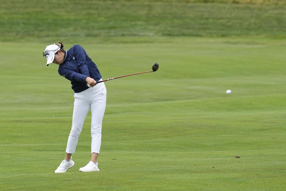Rose Zhang hits from the second fairway during a practice round for the U.S. Women's Open golf tournament at the Pebble Beach Golf Links, Tuesday, July 4, 2023, in Pebble Beach, Calif. (AP Photo/Darron Cummings)