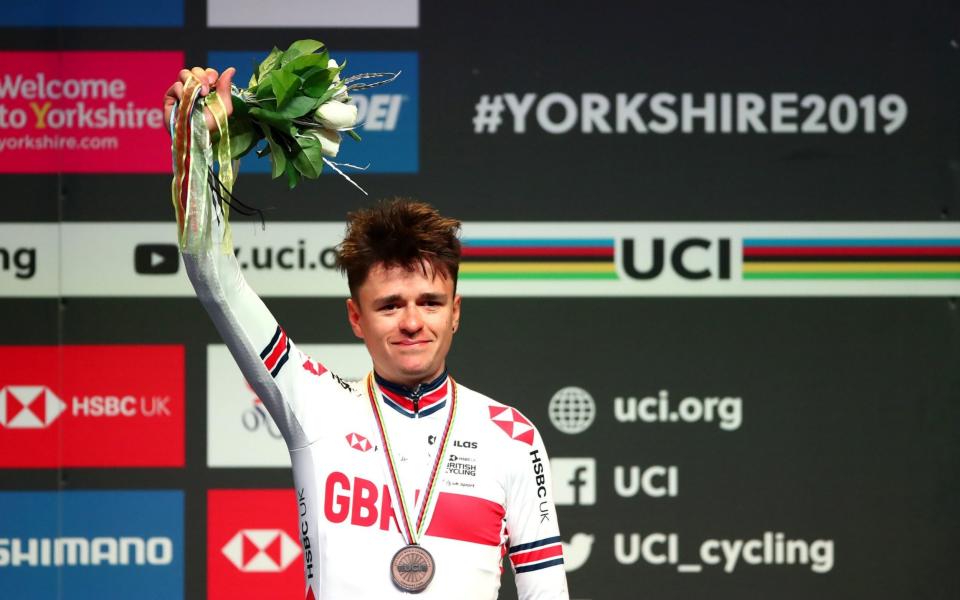 Great Britain's Tom Pidcock on the podium after receiving bronze during the Men's Under 23 Road Race from Doncaster to Harrogate - Tim Goode/PA Wire