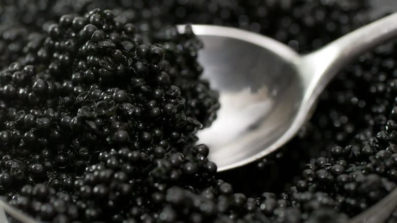 Spoon in bowl of caviar