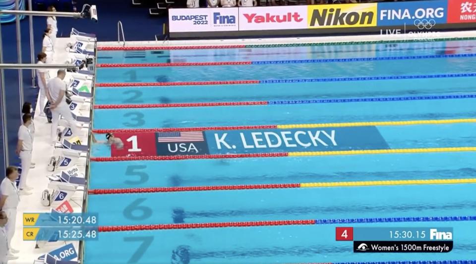 Katie Ledecky waiting for her opponents to finish in the 1500-meter freestyle race.