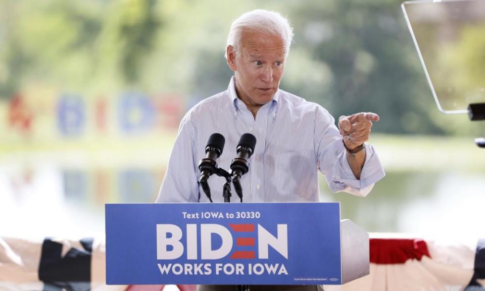 Joe Biden in Prole, Iowa, on 20 August.