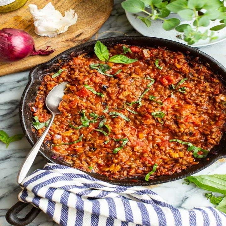 A big skillet of lentil Bolgonese