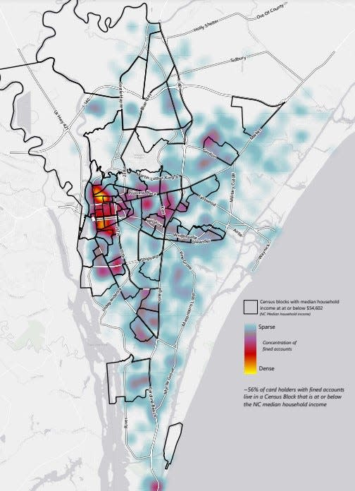 A map showing the concentration of library card holders with fines on their accounts. The New Hanover County public library system eliminated fines this summer in a push to promote equity among library users.