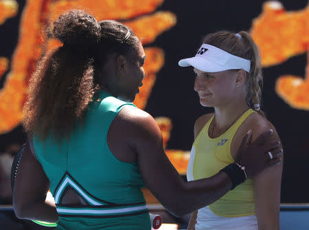 Tennis - Australian Open - Third Round - Melbourne Park, Melbourne, Australia, January 19, 2019. Serena Williams of the U.S. interacts with Ukraine's Dayana Yastremska after winning the match. REUTERS/Edgar Su