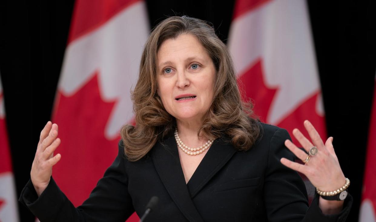 Deputy Prime Minister and Minister of Finance Chrystia Freeland responds to a question during a weekly news conference on Feb. 27 in Ottawa. (Adrian Wyld/Canadian Press - image credit)