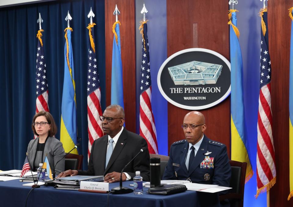 From left: US deputy assistant secretary of defence Laura Cooper, secretary of defence Lloyd Austin and chair of the Joint Chiefs of Staff General Charles Q Brown Jr all participate in a virtual meeting of the Ukraine Defence Contact Group (Getty)