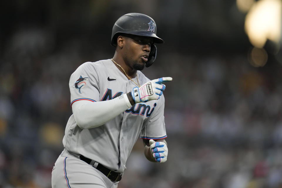 FILE - Miami Marlins' Jorge Soler celebrates after hitting a home run during the third inning of a baseball game against the San Diego Padres, Tuesday, Aug. 22, 2023, in San Diego. Free agent outfielder Jorge Soler has agreed to a $42 million, three-year contract with the San Francisco Giants, according to a person with direct knowledge of the negotiations. (AP Photo/Gregory Bull, File)