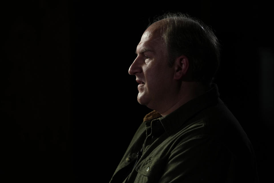 Gerald Groff, a former postal worker whose case will be argued before the Supreme Court, speaks during a television interview with the Associated Press at a chapel at the Hilton DoubleTree Resort in Lancaster, Pa., Wednesday, March 8, 2023. (AP Photo/Carolyn Kaster)