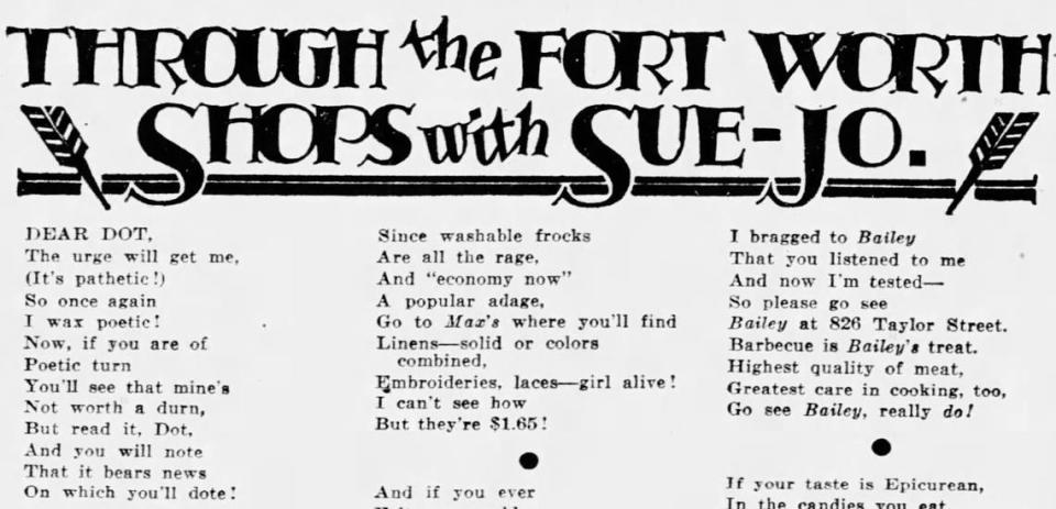 A 1932 Star-Telegram poem tells readers, “Barbecue is Bailey’s treat.”