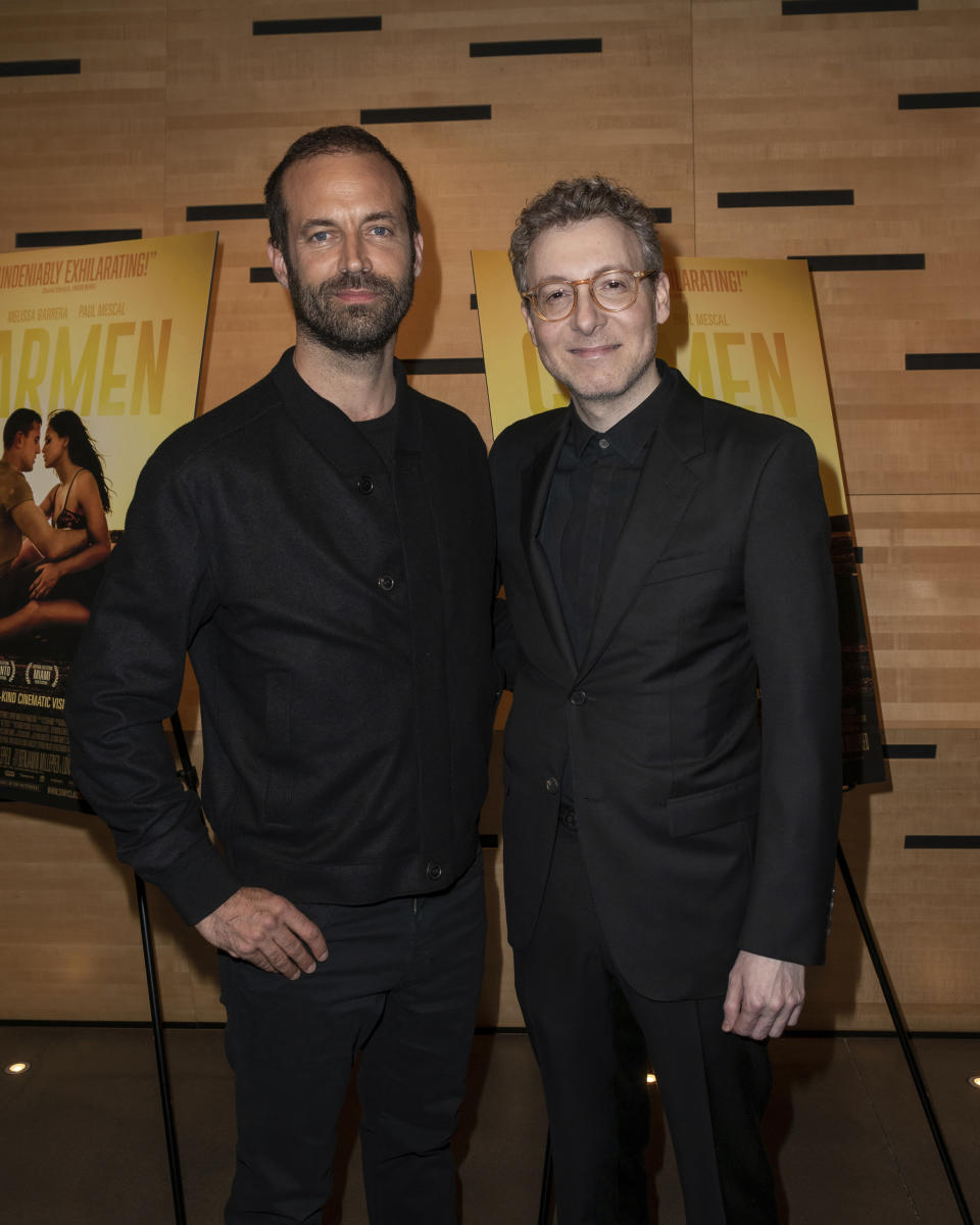 Benjamin Millepied, left, and Nicholas Britell attend a special screening of "Carmen," hosted by Sony Pictures Classics with The Cinema Society, at the Francesca Beale Theater, Tuesday, April 18, 2023, in New York. (Photo by Christopher Smith/Invision/AP)