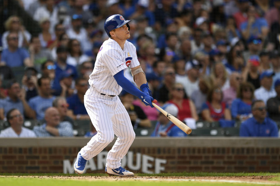 Chicago Cubs' Nico Hoerner watches his two-run home run during the first inning of a baseball game against the Pittsburgh Pirates, Friday, Sept. 13, 2019, in Chicago. (AP Photo/Paul Beaty)