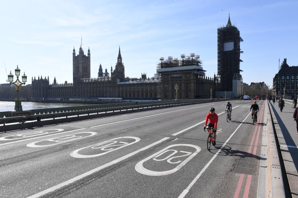 Embargoed to 0001 Monday May 18 File photo dated 24/03/20 of cyclists riding across an empty Westminster Bridge in Westminster, London, the day after Prime Minister Boris Johnson put the UK in lockdown to help curb the spread of the coronavirus. More than a third of people say they could rethink the way they travel after the coronavirus pandemic, a new survey suggests.