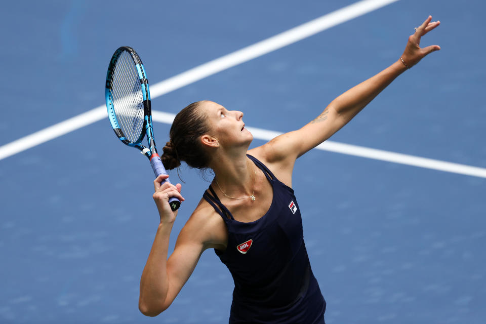 NEW YORK, NEW YORK - AUGUST 31:  Karolina Pliskova of the Czech Republic serves during her Women's Singles first round match against Anhelina Kalinina of the Ukraine on Day One of the 2020 US Open at the USTA Billie Jean King National Tennis Center on August 31, 2020 in the Queens borough of New York City. (Photo by Al Bello/Getty Images)