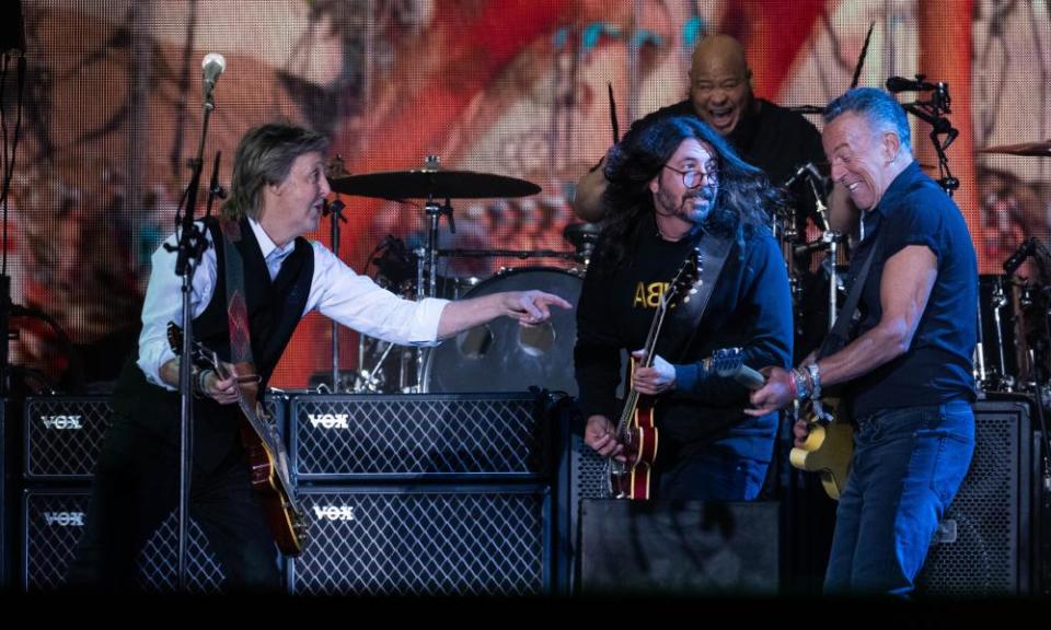 Paul McCartney, Dave Grohl and Bruce Springsteen performing on the Pyramid stage.