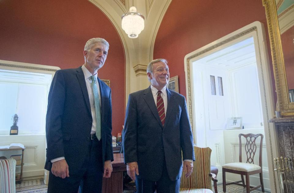 Supreme Court Justice nominee Judge Neil Gorsuch meets with Senate Minority Whip Richard Durbin of Ill. on Capitol Hill in Washington, Tuesday, Feb. 14, 2017. (AP Photo/J. Scott Applewhite)