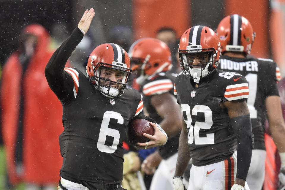 Cleveland Browns quarterback Baker Mayfield (6) signals a first down during the second half of an NFL football game against the Philadelphia Eagles, Sunday, Nov. 22, 2020, in Cleveland. (AP Photo/David Richard)