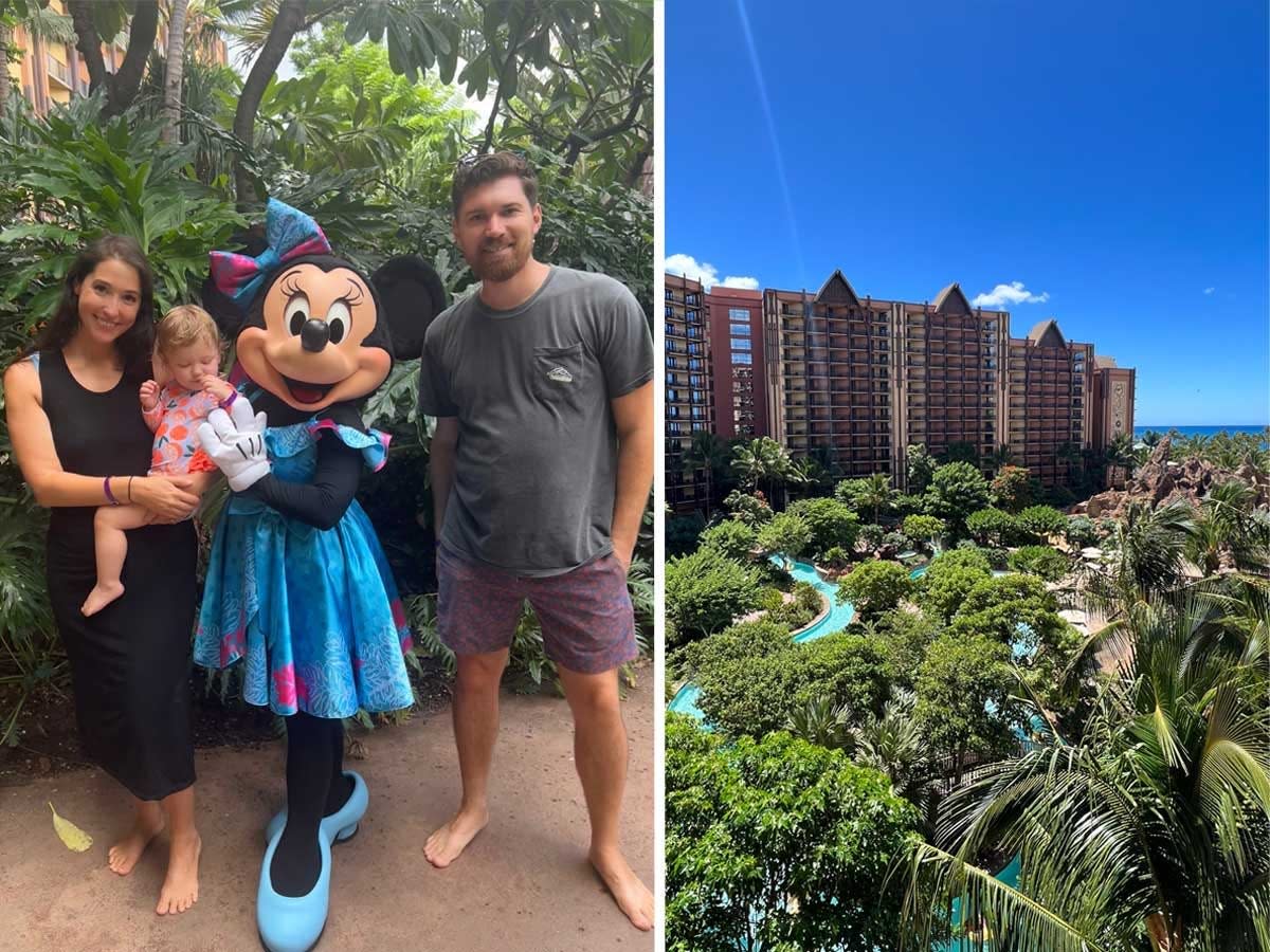 Side by side images of a family posing with Minnie Mouse and a resort with pools and the beach.