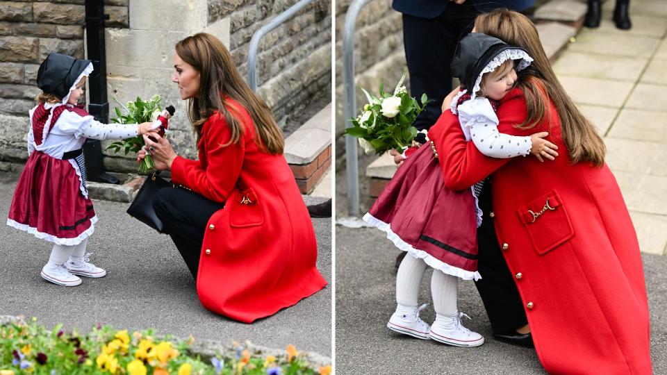 Two photos of Kate Middleton greeting a young fan