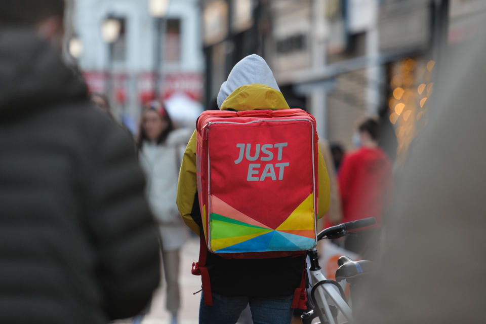 Just Eat currier seen in O'Connell Street, in Dublin. On Sunday, December 20, 2020, in Dublin, Ireland. (Photo by Artur Widak/NurPhoto via Getty Images)