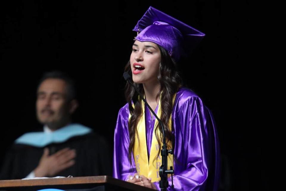 Georgia Casares sang the national anthem at the Fresno High graduation ceremony held at the Save Mart Center on June 5, 2023.