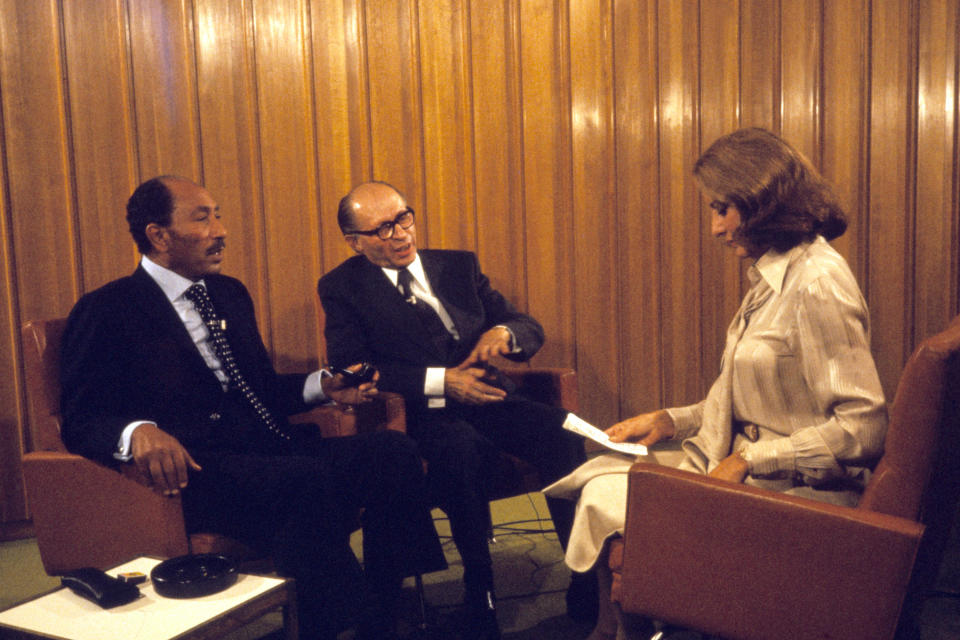 Barbara Walters interviews Egyptian President Anwar Sadat and Israeli Prime Minister Menachem Begin on Nov. 20, 1977.  / Credit: ABC Photo Archives via Getty Images