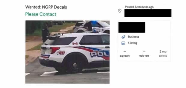 The ad allegedly placed on Kijiji by a 47-year-old Pictou County man, looking to purchase New Glasgow Regional Police decals and other items for a 2018 Ford Explorer, under the false identity of another person. (New Glasgow Regional Police - image credit)