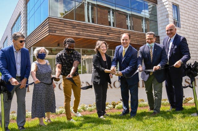 In this May 2021 photo, Corry Oakes, chairman of the Wofford College Board of Trustees, far right, was joined by, from left, Ron Smith, managing principal with McMillan Pazdan Smith; Dr. Kaye Savage, professor of environmental studies and director of the Goodall Environmental Studies Center; Irvin Mulligan, a first-year Wofford College student majoring in environmental studies; Delores and Harold Chandler, longtime Wofford College supporters; Dr. Nayef Samhat, Wofford College's president, during the dedication of the Chandler Center for Environmental Studies on the Wofford College campus.