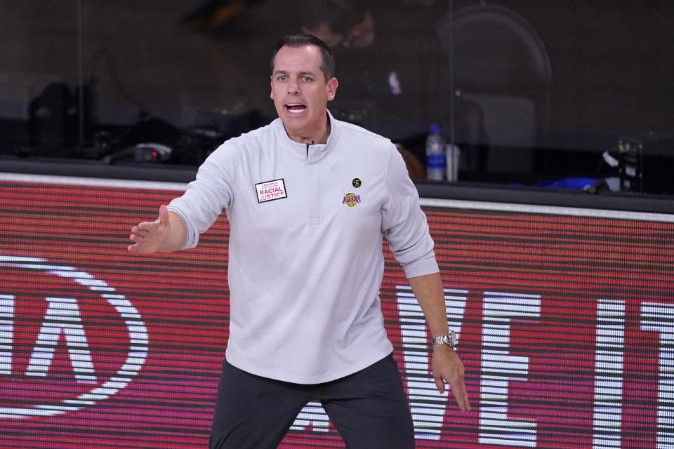 Los Angeles Lakers head coach Frank Vogel instructs his team during the second half of Game 3 of the NBA basketball Western Conference final against the Denver Nuggets on Tuesday, Sept. 22, 2020, in Lake Buena Vista, Fla. (AP Photo/Mark J. Terrill)