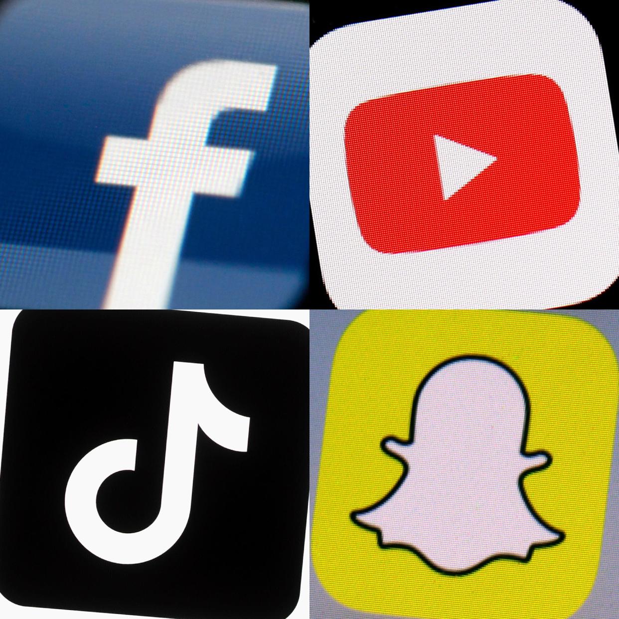 This combination of 2017-2022 photos shows the logos of Facebook, YouTube, TikTok and Snapchat on mobile devices