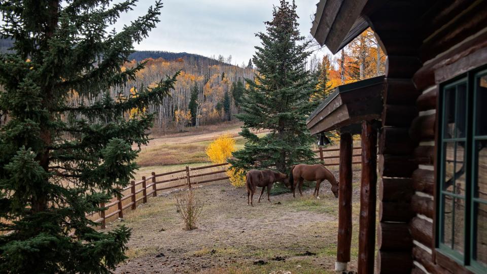 Triple C Ranch in Colorado, new redesign with updated interiors for a cozy cabin feel. The scenery is autumn and winter