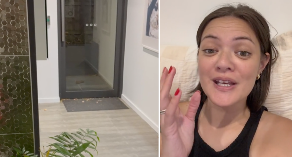 Lynette Nimo, pictured right, told of her husband finding a woman pooing on the doorstep. Pictured left is the aftermath outside the door.. Source: Supplied/TikTok