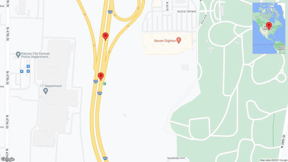 A detailed map that shows the affected road due to 'Crash reported on northbound I-635 in Kansas City' on December 15th at 4:27 p.m.