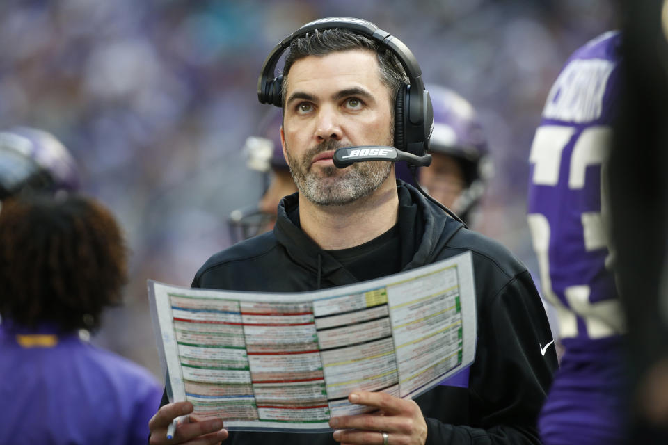 FILE - In this Sunday, Dec. 16, 2018, file photo, Minnesota Vikings interim offensive coordinator Kevin Stefanski watches from the sideline during the first half of an NFL football game against the Miami Dolphins in Minneapolis. With the Carolina Panthers and New York Giants completing coaching hires on Tuesday, Jan. 7, 2020, the Cleveland Browns job vacancy will be the last NFL opening filled. It's still unclear how quickly that will happen. The Browns, who fired Freddie Kitchens after just one season, are in the second week of interviews and have scheduled meetings this week with Patriots offensive coordinator Josh McDaniels and Vikings coordinator Kevin Stefanski. (AP Photo/Bruce Kluckhohn, File)