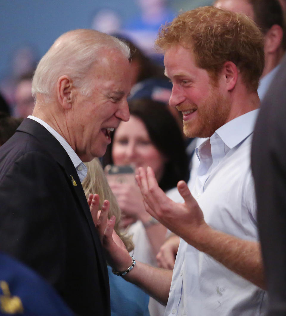 Vice President Joe Biden shares a moment with Prince Harry during the gold medal wheelchair rugby gold medal match of USA against Denmark at the Invictus Games at Disney's ESPN Wide World of Sports on Wednesday, May 11, 2016. (Stephen M. Dowell/Orlando Sentinel/Tribune News Service via Getty Images)