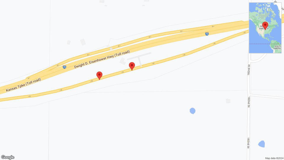 A detailed map that shows the affected road due to 'Heavy rain prompts traffic advisory on eastbound I-70 in Basehor' on June 4th at 10:06 p.m.