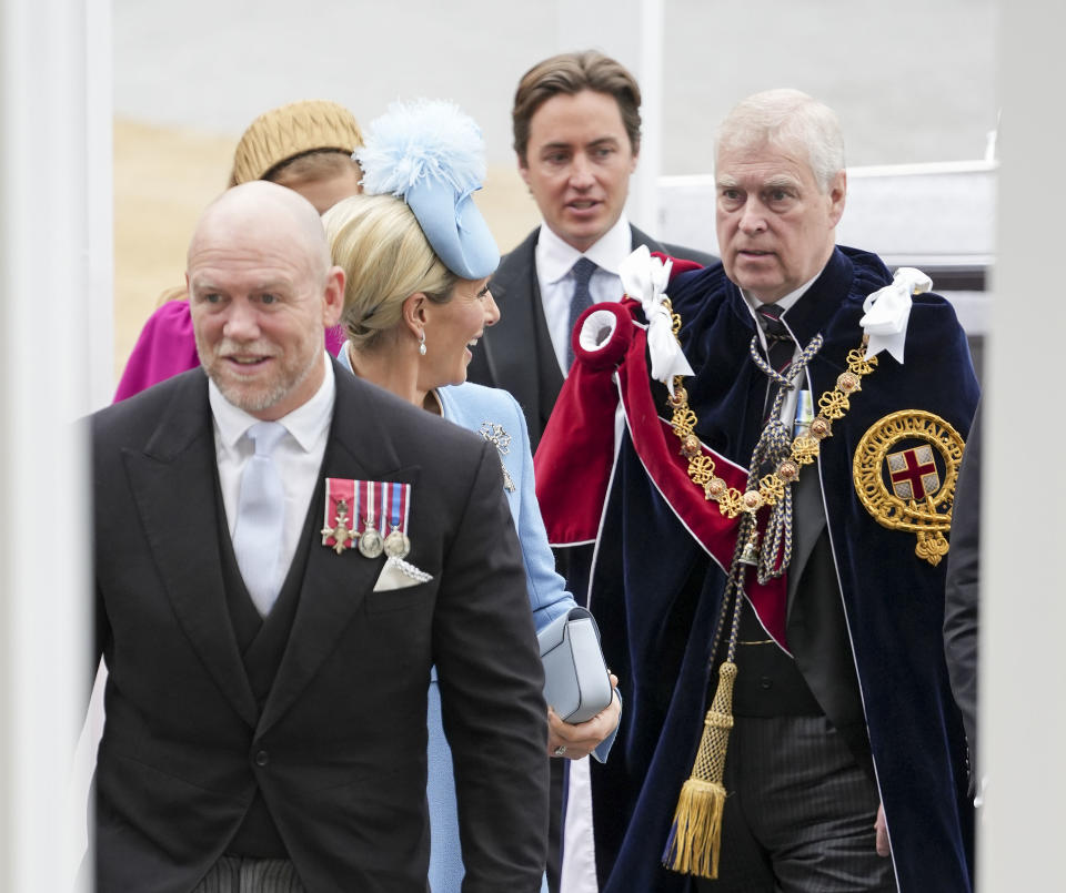 LONDON, ENGLAND - MAY 06: Prince Andrew, Duke of York, Zara Tindall and Mike Tindall arrive ahead of the Coronation of King Charles III and Queen Camilla on May 6, 2023 in London, England. The Coronation of Charles III and his wife, Camilla, as King and Queen of the United Kingdom of Great Britain and Northern Ireland, and the other Commonwealth realms takes place at Westminster Abbey today. Charles acceded to the throne on 8 September 2022, upon the death of his mother, Elizabeth II. (Photo by Dan Charity - WPA Pool/Getty Images)