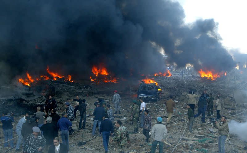 General view of the scene of a car bomb explosion in Beirut