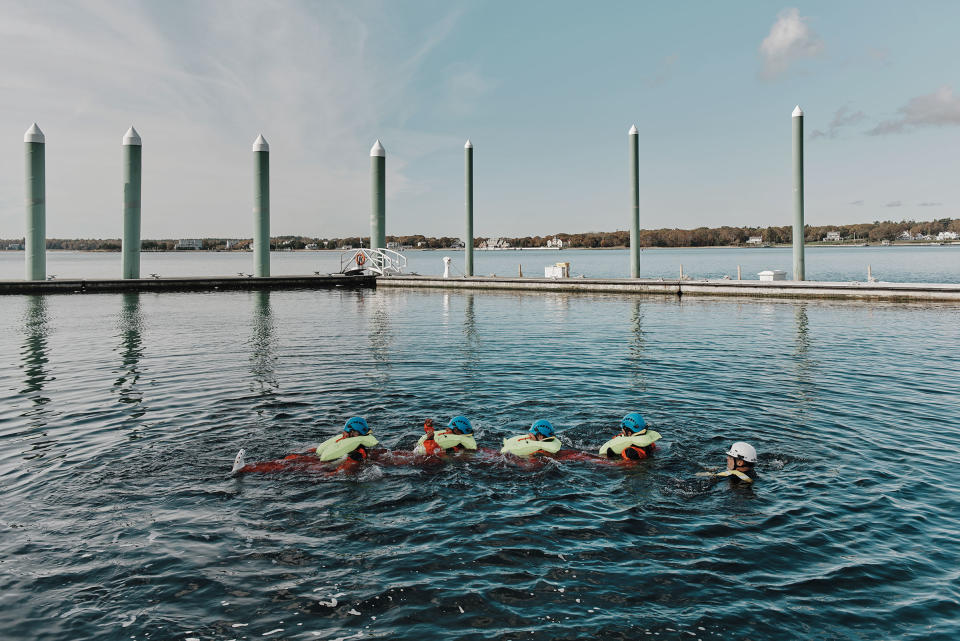 Workers participate in a sea survival training course at the Massachusetts Maritime Academy in Bourne, Mass.<span class="copyright">Tony Luong for TIME</span>