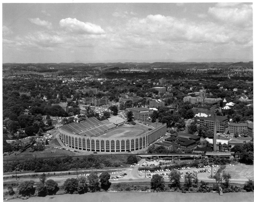Shields-Watkins Field shortly after the horseshoe South end zone stands and dorm was built in 1948.