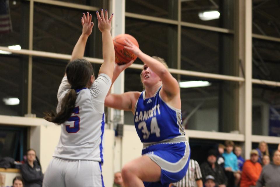 Narragansett Regional's Amanda Iannacone goes up for a shot in the Warriors' game against West Boylston on March 5, 2024.