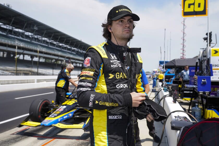 Colton Herta prepares to drive during practice for the IndyCar auto race.