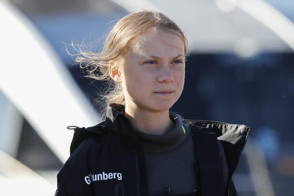 Climate activist Greta Thunberg arrives in Lisbon, Tuesday, Dec 3, 2019. Thunberg has arrived by catamaran in the port of Lisbon after a three-week voyage across the Atlantic Ocean from the United States. The Swedish teen sailed to the Portuguese capital before heading to neighboring Spain to attend the U.N. Climate Change Conference taking place in Madrid (AP Photo/Armando Franca)